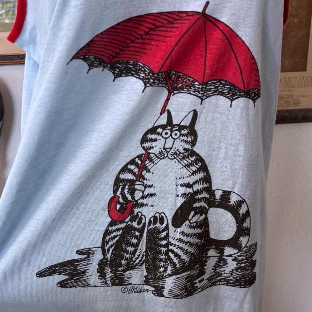 Vintage B Kliban Cat Umbrella Nightshirt Sleeveless Blue Ringer Sleep Dress